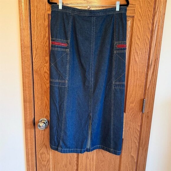 i.e. Relaxed Women's Size 8 Blue Denim Maxi Skirt with Pockets & Slit - Picture 2 of 7
